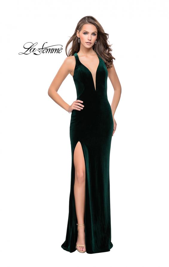 Picture of: Long Velvet Prom Dress with Deep V and Side Leg Slit in Forest Green, Style: 25363, Detail Picture 2