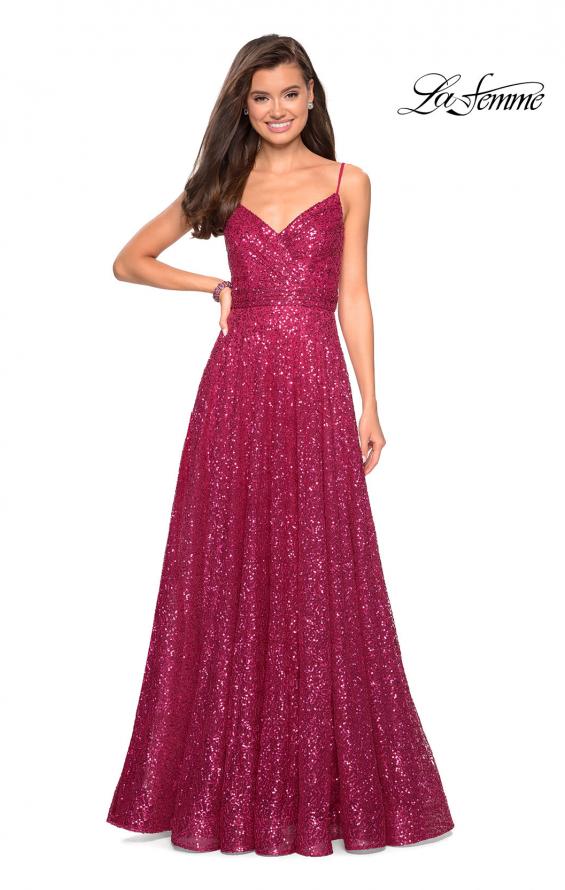 Picture of: sequin Empire Waist Prom Dress with V Back in Fuchsia, Style: 27747, Detail Picture 3