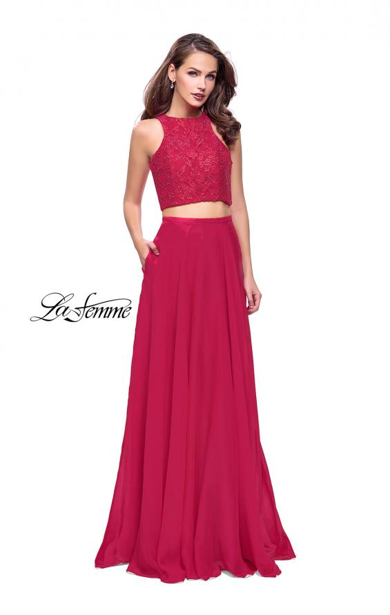 Picture of: Two Piece Prom Gown with Beaded lace Top and Pockets in Fuchsia, Style: 26087, Detail Picture 2