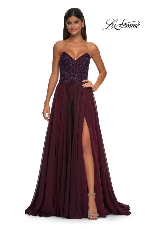 Picture of: Chiffon Gown with High Slit and Strapless Lace Top in Garnet, Style: 32804, Detail Picture 8