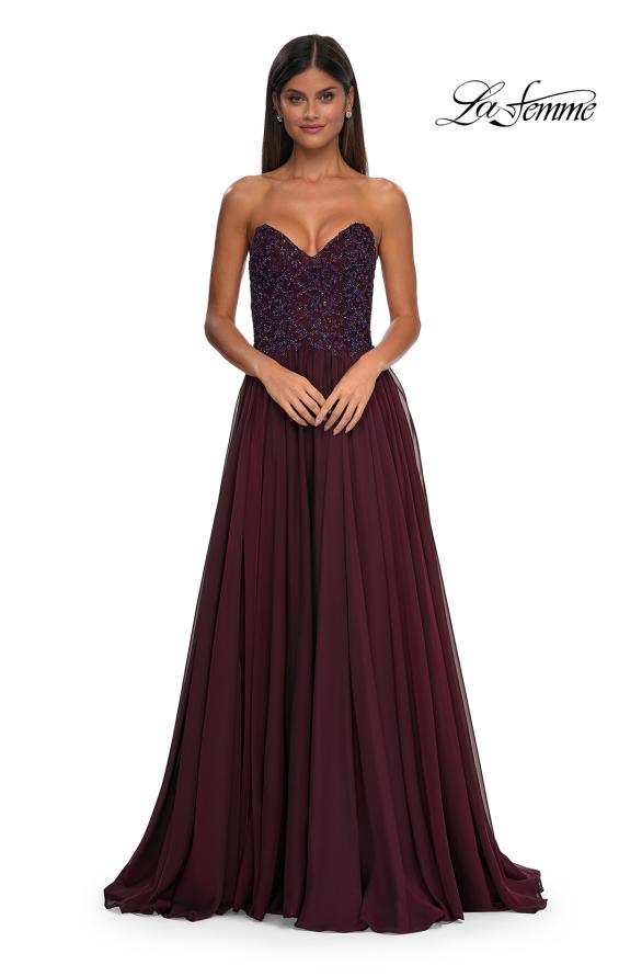 Picture of: Chiffon Gown with High Slit and Strapless Lace Top in Garnet, Style: 32804, Detail Picture 10