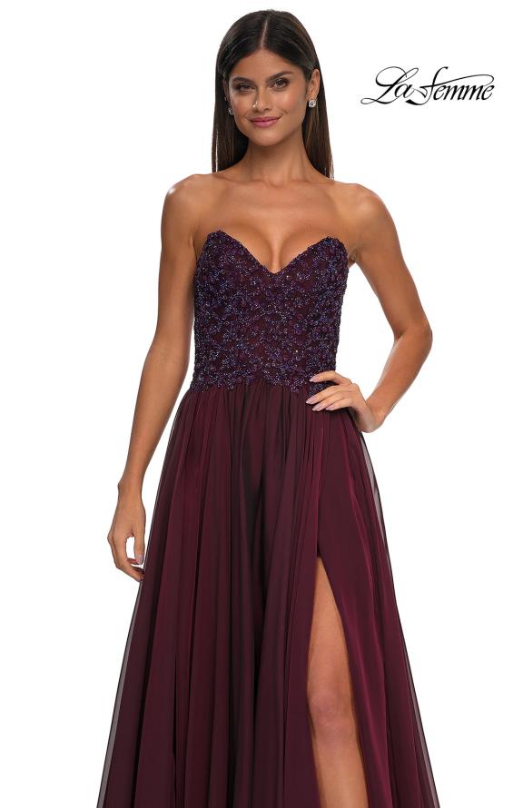 Picture of: Chiffon Gown with High Slit and Strapless Lace Top in Garnet, Style: 32804, Detail Picture 11