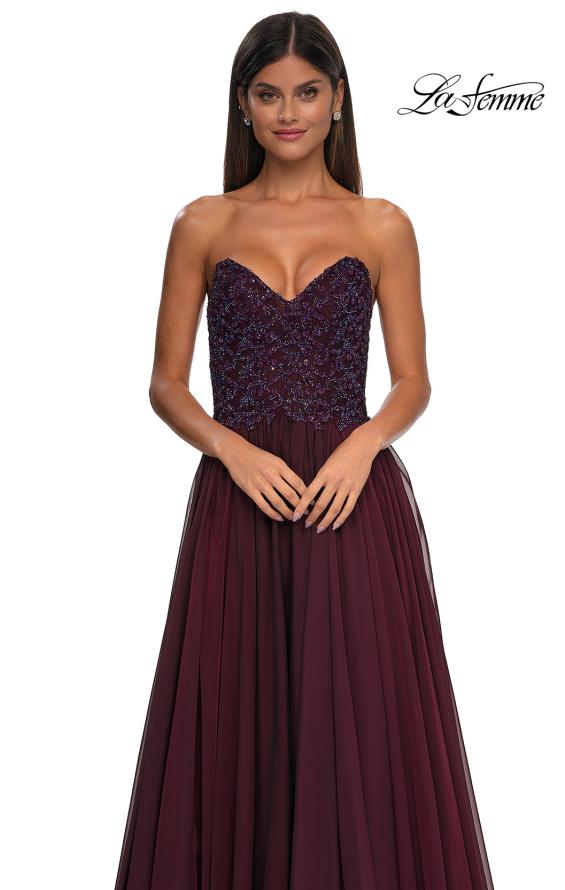 Picture of: Chiffon Gown with High Slit and Strapless Lace Top in Garnet, Style: 32804, Detail Picture 13