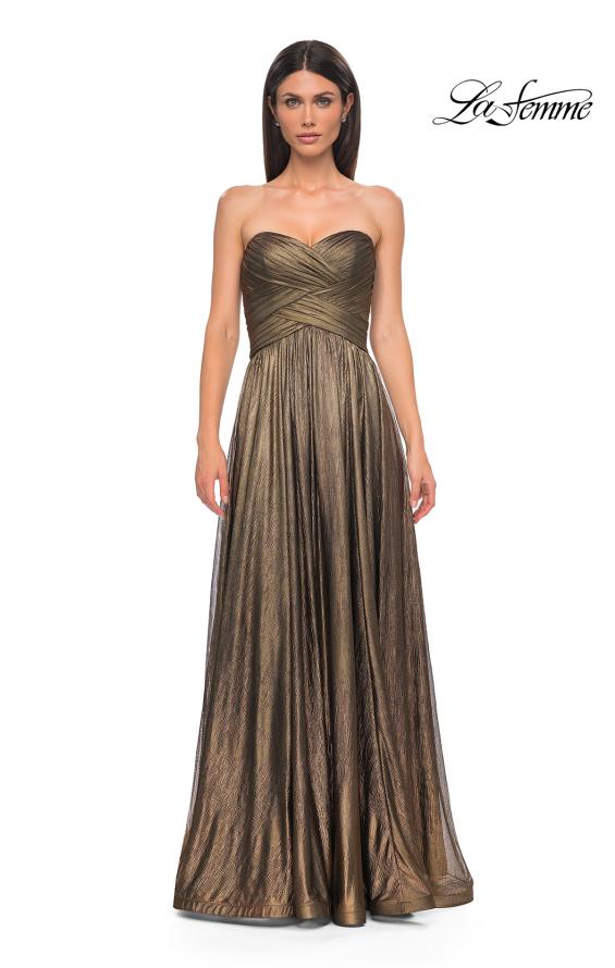 Picture of: Textured Chiffon Flowy Strapless Evening Dress in Gold , Style 32382, Detail Picture 8