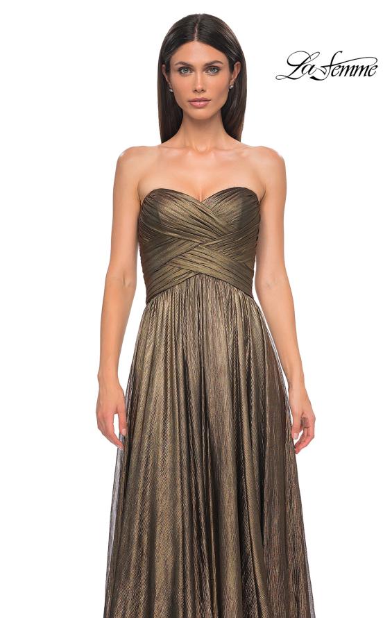 Picture of: Textured Chiffon Flowy Strapless Evening Dress in Gold , Style 32382, Detail Picture 14