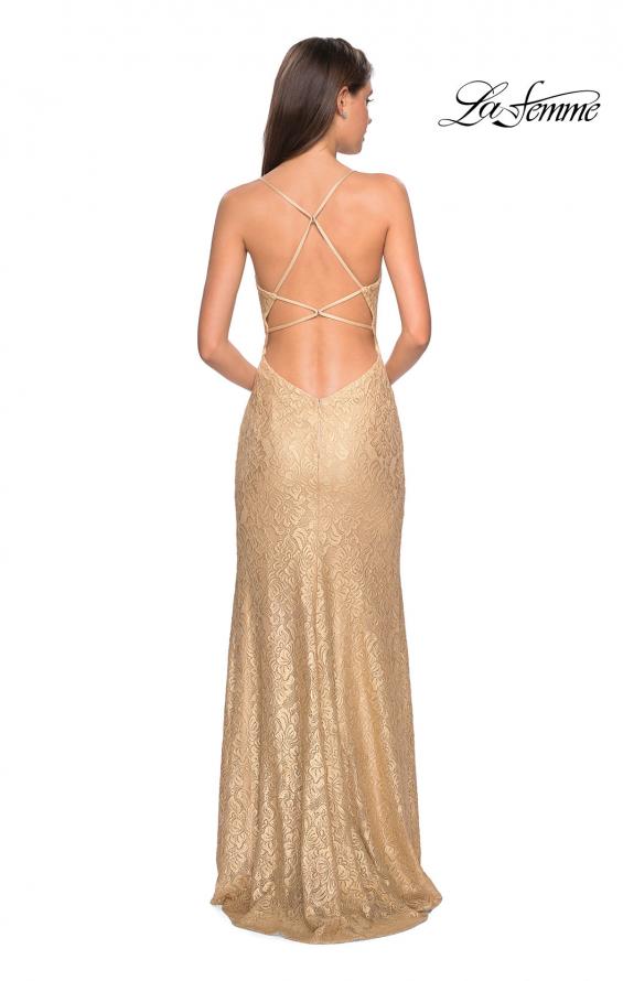 Picture of: Gold Stretch Lace Prom Dress with Strappy Back and Slit in Gold, Style: 27725, Back Picture