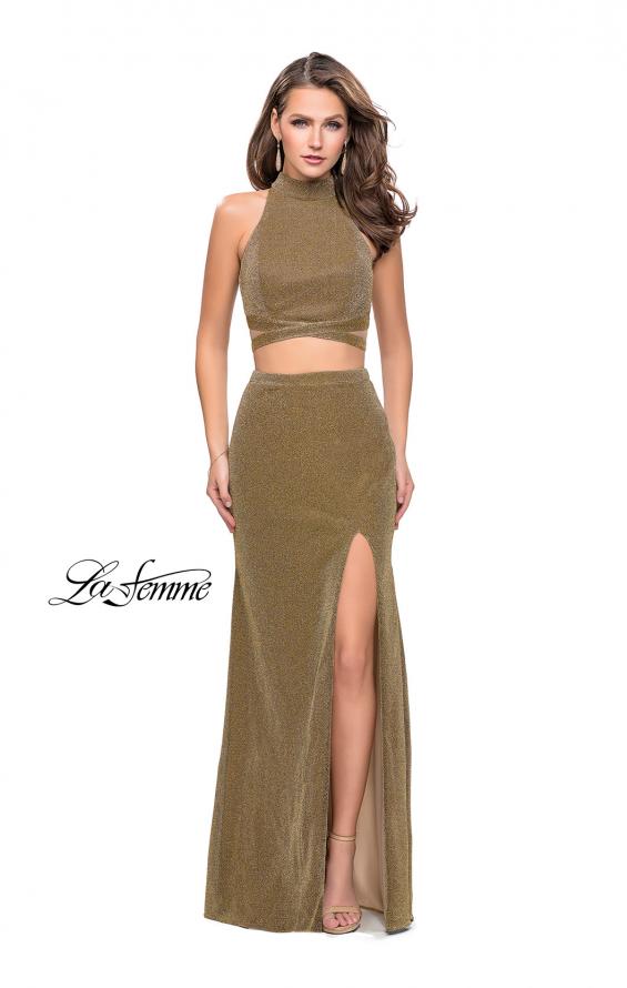 Picture of: Two Piece Jersey Prom Dress with Open Back and Leg Slit in Gold, Style: 25604, Detail Picture 1
