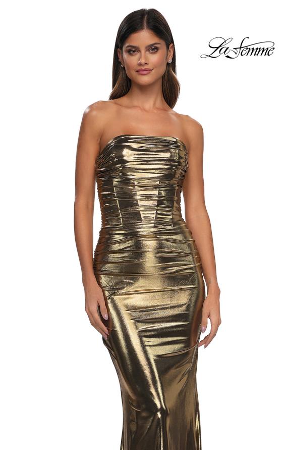 Picture of: Fabulous Metallic Jersey Ruched Strapless Dress in Gold, Style: 32518, Detail Picture 7