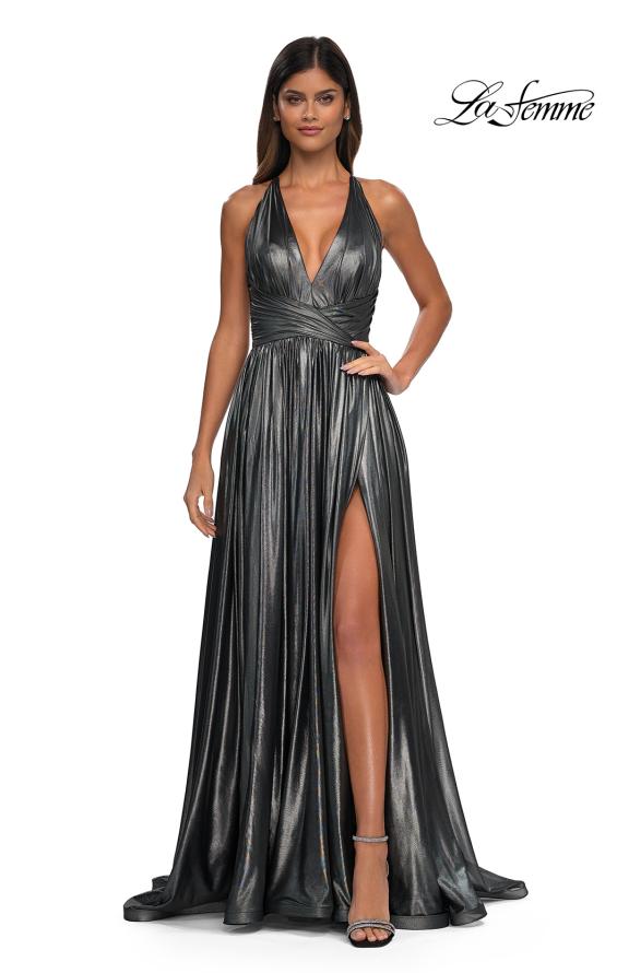 Picture of: A-line Metallic Net Jersey Halter Gown with High Slit in Gunmetal, Style: 32917, Detail Picture 8