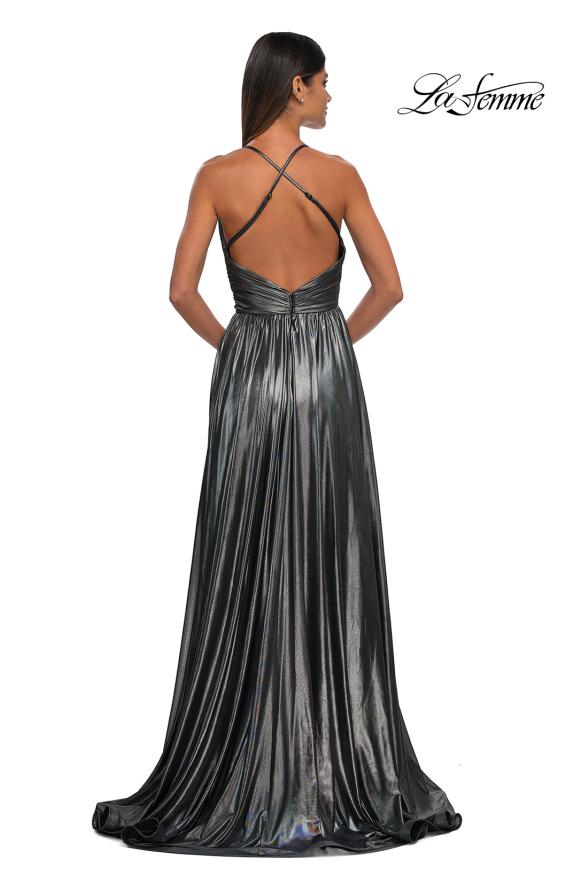 Picture of: A-line Metallic Net Jersey Halter Gown with High Slit in Gunmetal, Style: 32917, Detail Picture 9