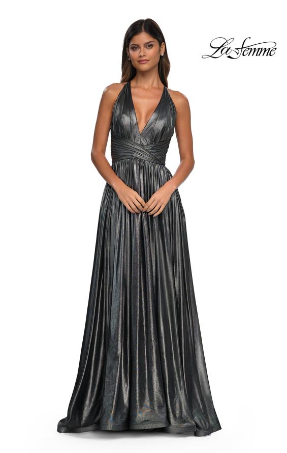 Picture of: A-line Metallic Net Jersey Halter Gown with High Slit in Gunmetal, Style: 32917, Detail Picture 10