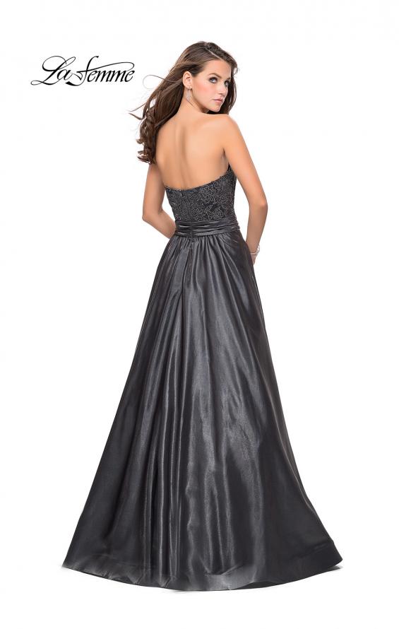 Picture of: Metallic Lace Satin A-line Gown with Pockets in Gunmetal, Style: 26151, Back Picture