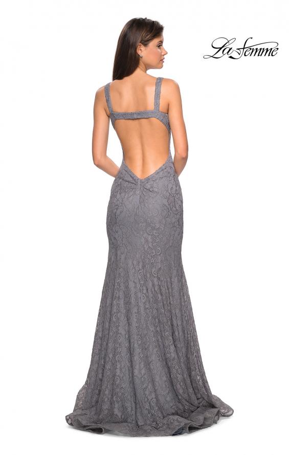 Picture of: Open Back Stretch Lace Long Prom Dress in Gunmetal, Style: 27709, Back Picture