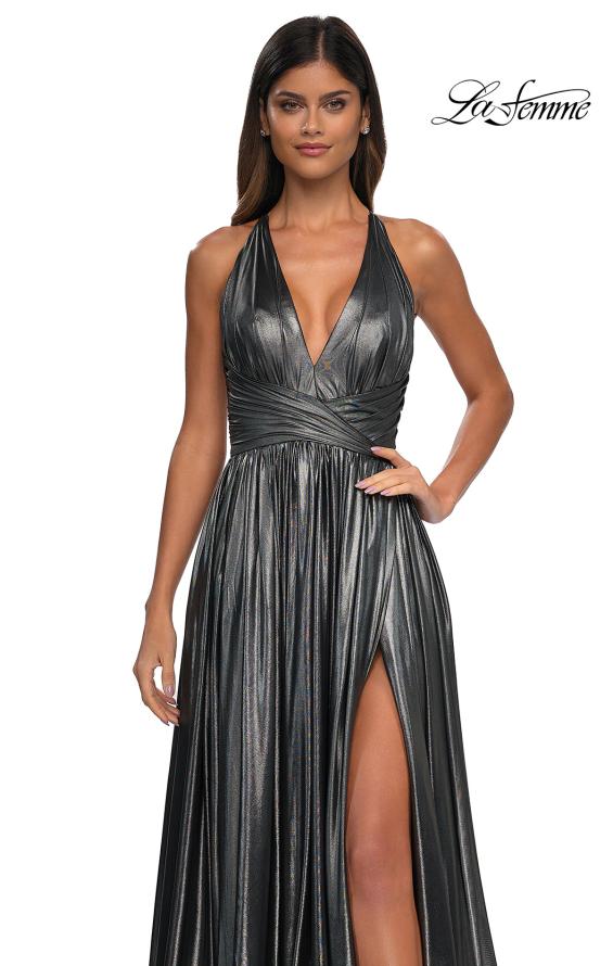 Picture of: A-line Metallic Net Jersey Halter Gown with High Slit in Gunmetal, Style: 32917, Detail Picture 22