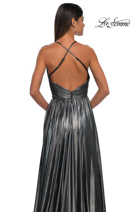 Picture of: A-line Metallic Net Jersey Halter Gown with High Slit in Gunmetal, Style: 32917, Detail Picture 23