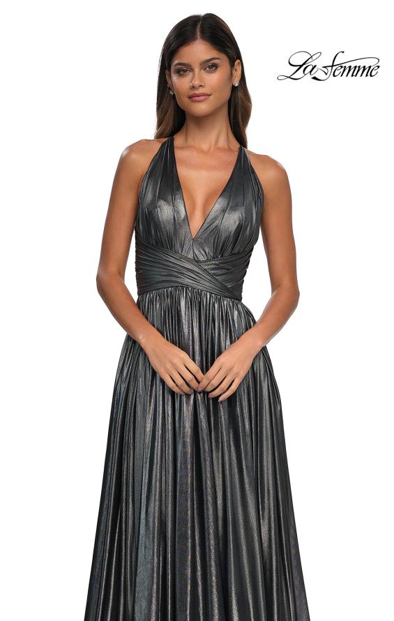 Picture of: A-line Metallic Net Jersey Halter Gown with High Slit in Gunmetal, Style: 32917, Detail Picture 24