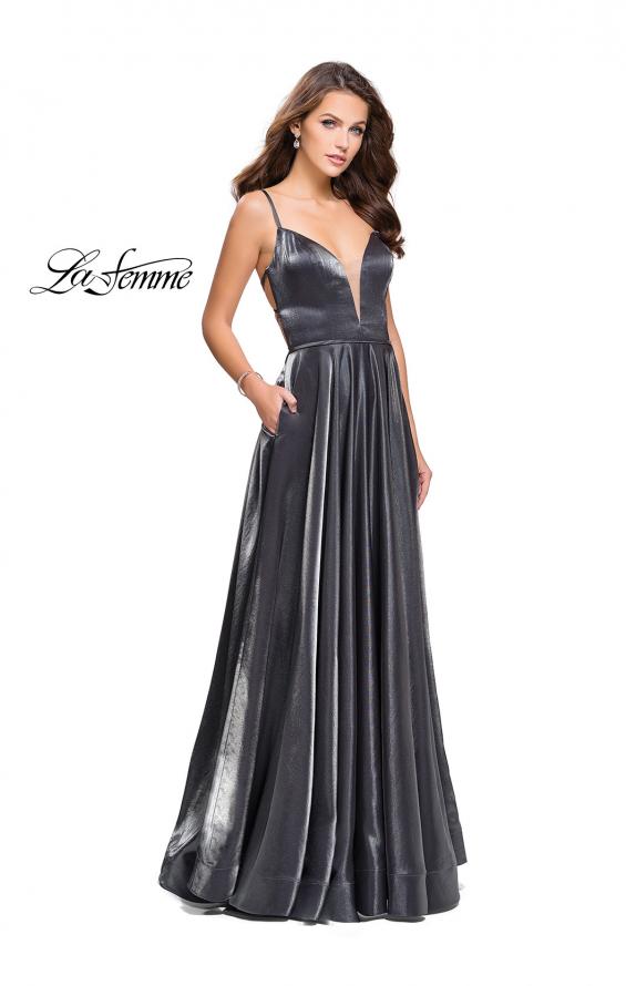 Picture of: Satin A-line Gown with Deep V Sweetheart Neckline in Gunmetal, Style: 25670, Detail Picture 2
