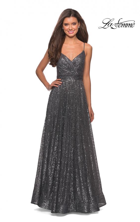 Picture of: sequin Empire Waist Prom Dress with V Back in Gunmetal, Style: 27747, Detail Picture 6