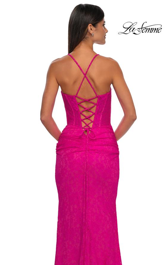 Picture of: Stretch Lace Prom Dress with Scoop Neck and Lace Up Back in Hot Fuchsia, Style: 33036, Detail Picture 8