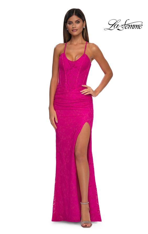 Picture of: Stretch Lace Prom Dress with Scoop Neck and Lace Up Back in Hot Fuchsia, Style: 33036, Detail Picture 5