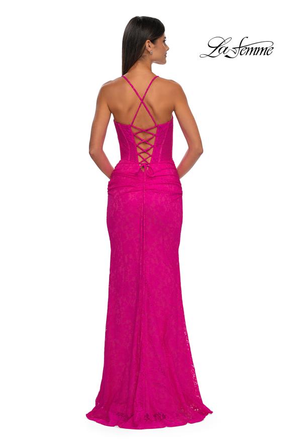 Picture of: Stretch Lace Prom Dress with Scoop Neck and Lace Up Back in Hot Fuchsia, Style: 33036, Detail Picture 6