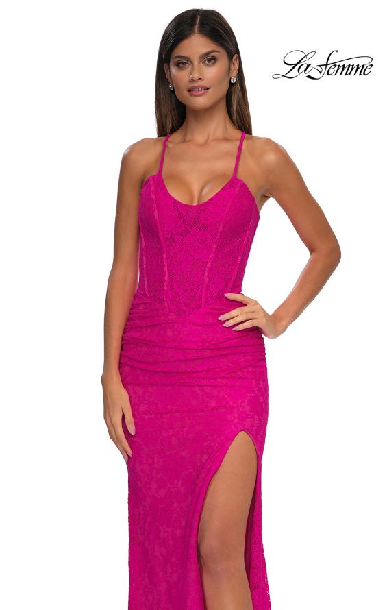 Picture of: Stretch Lace Prom Dress with Scoop Neck and Lace Up Back in Hot Fuchsia, Style: 33036, Detail Picture 7