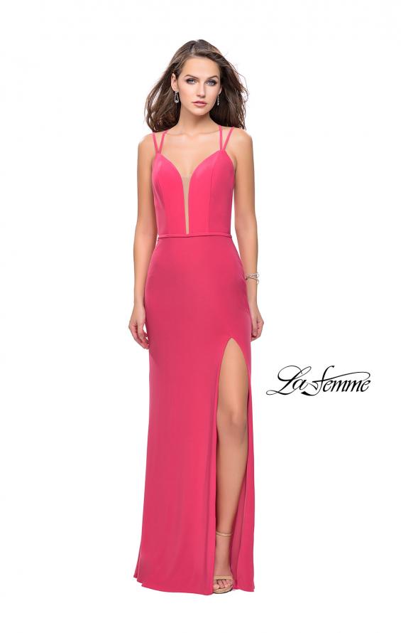 Picture of: Form Fitting Jersey Prom Dress with Side Leg Slit in Hot Coral, Style: 25725, Detail Picture 2