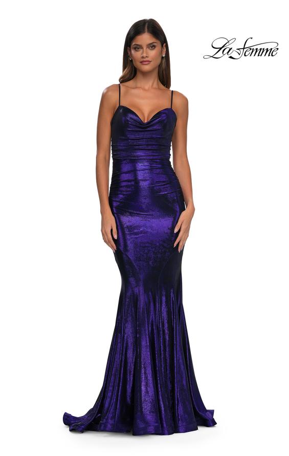 Picture of: Mermaid Metallic Jersey Dress with Draped Neckline in Indigo, Style: 32897, Detail Picture 9