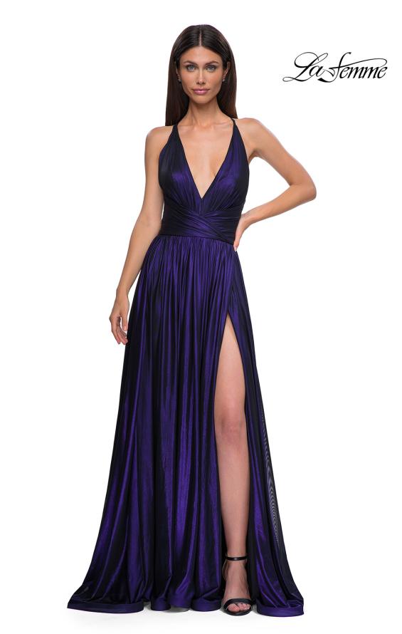 Picture of: A-line Metallic Net Jersey Halter Gown with High Slit in Indigo , Style 32917, Detail Picture 11