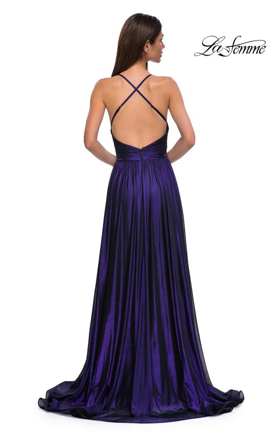 Picture of: A-line Metallic Net Jersey Halter Gown with High Slit in Indigo , Style 32917, Detail Picture 12