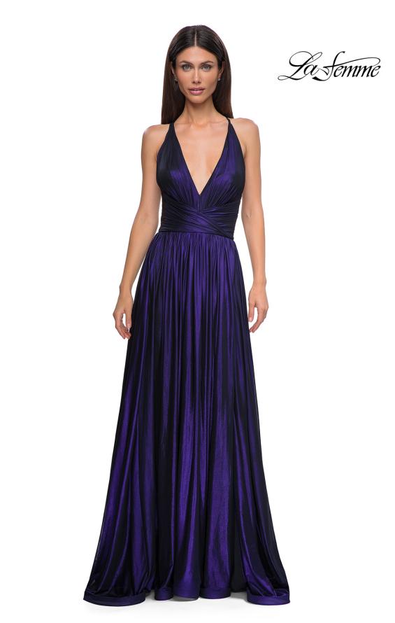 Picture of: A-line Metallic Net Jersey Halter Gown with High Slit in Indigo , Style 32917, Detail Picture 13