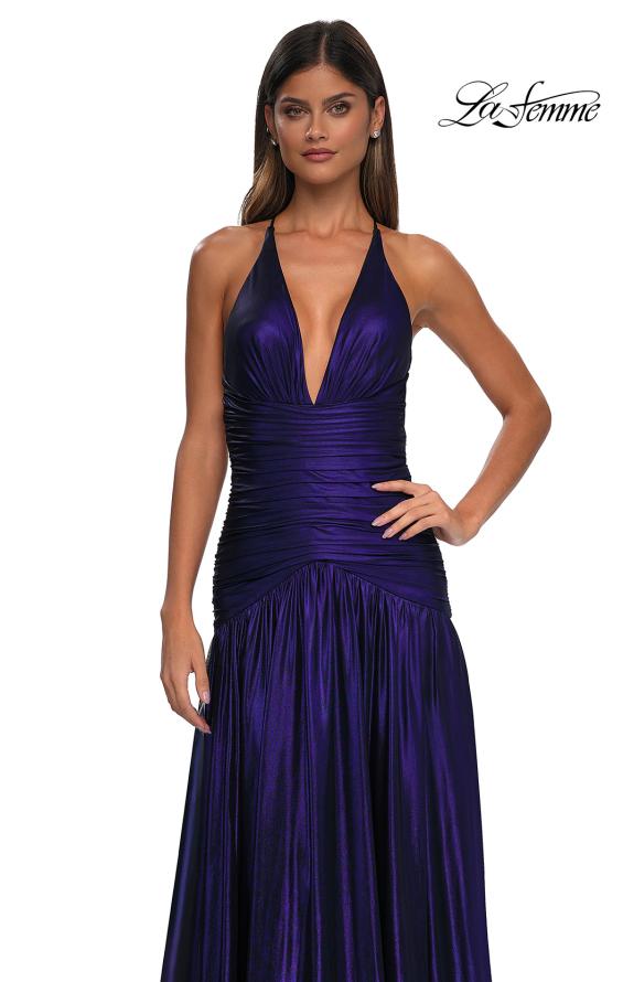 Picture of: Beautiful Long Metallic Net Jersey Gown with Flattering Ruching in Indigo, Style: 32887, Detail Picture 16