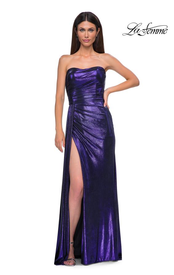 Picture of: Strapless Chic Metallic Jersey Dress with Draped Slit in Indigo , Style 32830, Detail Picture 17