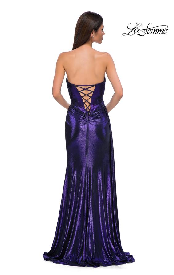 Picture of: Strapless Chic Metallic Jersey Dress with Draped Slit in Indigo , Style 32830, Detail Picture 18