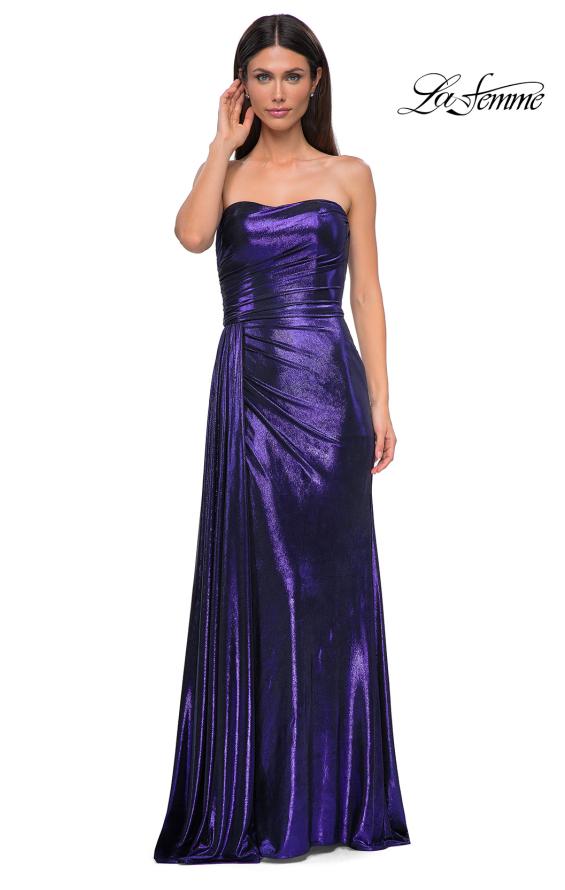 Picture of: Strapless Chic Metallic Jersey Dress with Draped Slit in Indigo , Style 32830, Detail Picture 19