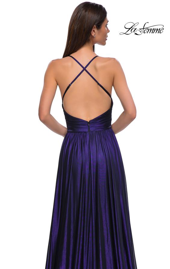 Picture of: A-line Metallic Net Jersey Halter Gown with High Slit in Indigo , Style 32917, Detail Picture 19