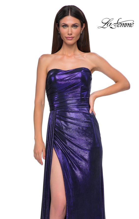 Picture of: Strapless Chic Metallic Jersey Dress with Draped Slit in Indigo , Style 32830, Detail Picture 28