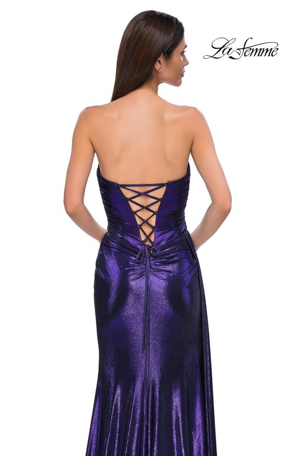 Picture of: Strapless Chic Metallic Jersey Dress with Draped Slit in Indigo , Style 32830, Detail Picture 29