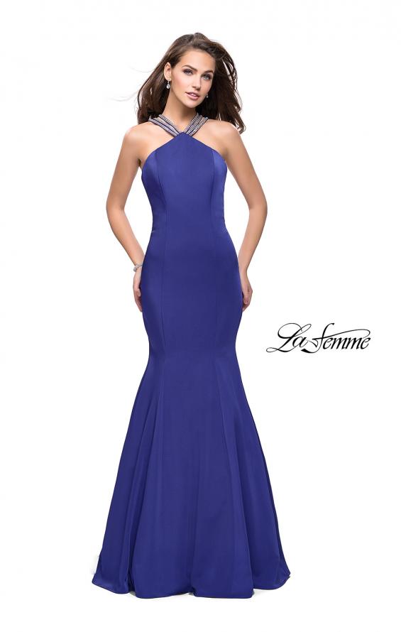 Picture of: Halter Mermaid Prom Dress with Metallic Beading in Indigo, Style: 25763, Detail Picture 2