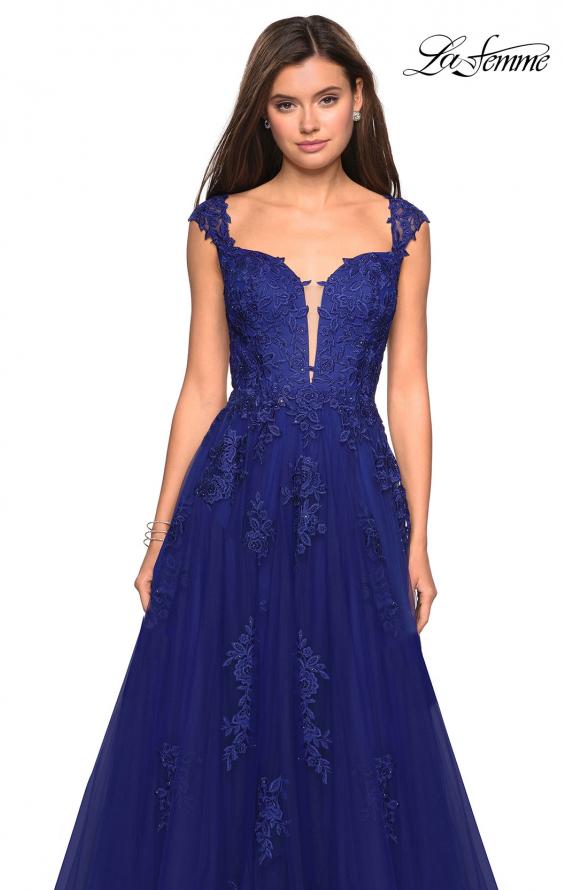 Picture of: Floor Length Cap Sleeve Prom Gown with Lace Detail in Indigo, Style: 27503, Detail Picture 2