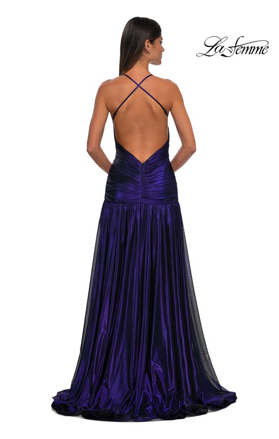 Picture of: Beautiful Long Metallic Net Jersey Gown with Flattering Ruching in Indigo, Style: 32887, Detail Picture 4