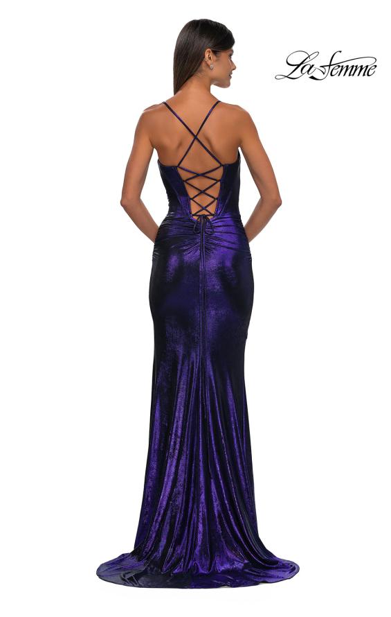 Picture of: Long Metallic Prom Dress with Ruching and Rhinestone Draped Neckline in Indigo, Style: 33032, Detail Picture 4