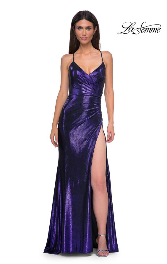 Picture of: Metallic Jersey Dress with Side Ruching and High Slit in Indigo , Style 32884, Detail Picture 5