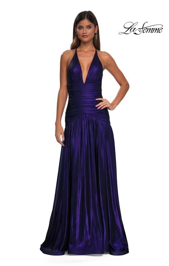 Picture of: Beautiful Long Metallic Net Jersey Gown with Flattering Ruching in Indigo, Style: 32887, Detail Picture 5