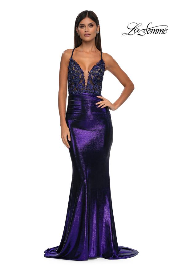 Picture of: Ruched Prom Dress with Metallic Lace and Fabric in Indigo, Style: 33059, Detail Picture 5