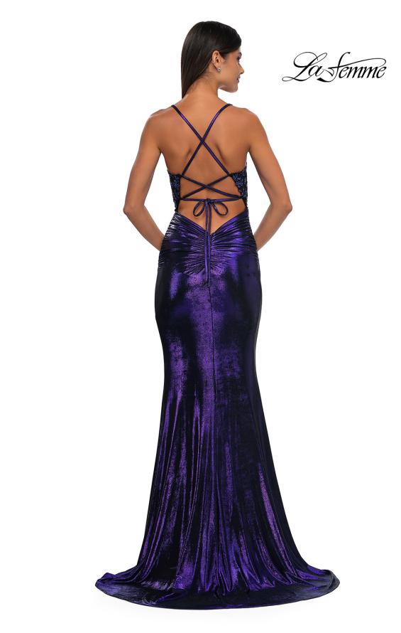 Picture of: Ruched Prom Dress with Metallic Lace and Fabric in Indigo, Style: 33059, Detail Picture 6