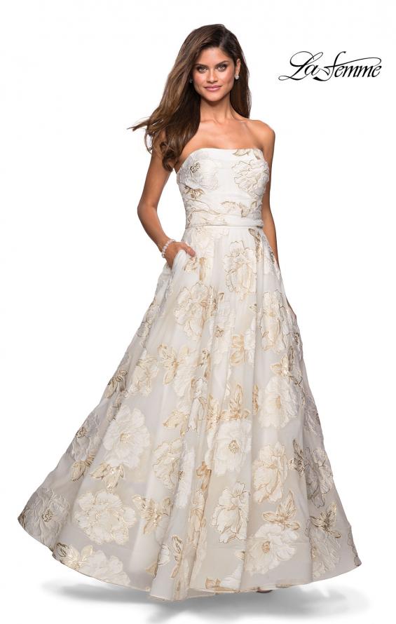 Picture of: Strapless Floral A Line Ball Gown with Pockets in Ivory Gold, Style: 27207, Detail Picture 2