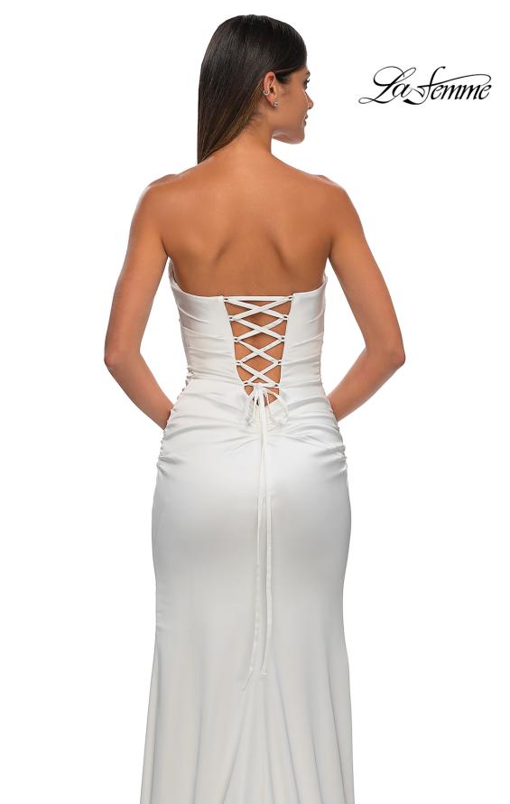 Picture of: Strapless Satin Evening Dress with Ruching and Lace Up Back in Ivory, Style: 32952, Detail Picture 8