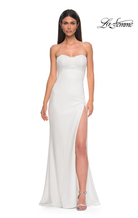 Picture of: Jersey Strapless Dress with Sweetheart Rhinestone Lined Neckline in Ivory , Style 32829, Detail Picture 11