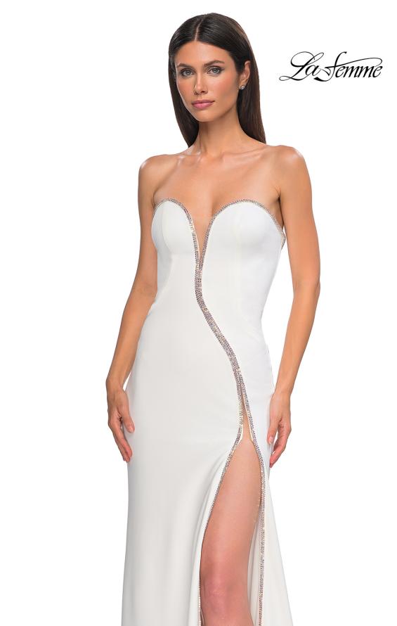 Picture of: Fabulous Jersey Dress with Rhinestones Lining the Top and HIgh Slit in Ivory , Style 32854, Detail Picture 13